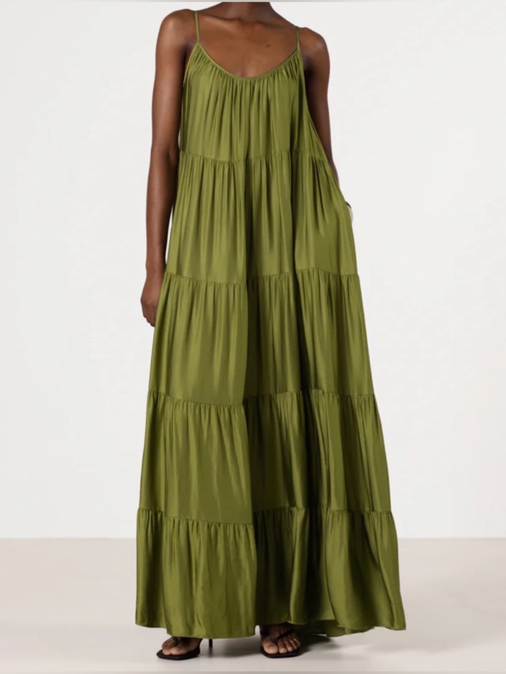 JAKI Noelle Strappy Tiered Satin Maxi Dress. Olive Green. Small. Worn once.